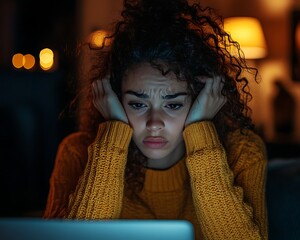 Frustrated woman laptop night home