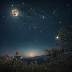 A nightingale singing to the moon in a dreamy starry night sky.