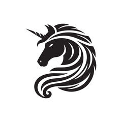 Unicorn face horn or alicorn black solid silhouette vector logo icon design on white background, fantasy animal clipart