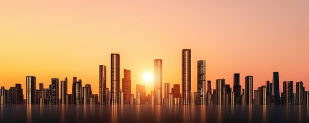 Fototapeta premium Lightspeed Venture Partners style. City skyline silhouette during sunset with warm hues.
