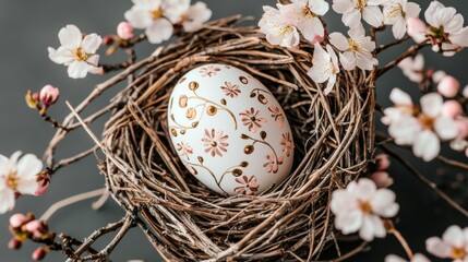 Obraz premium A white Easter egg with pink flowers and gold dots sits in a nest.