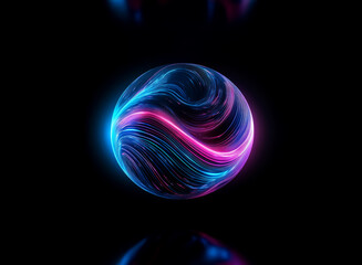 Abstract sphere with swirling neon blue and pink lines creating a vibrant and futuristic design against a dark background. Illuminated and dynamic.