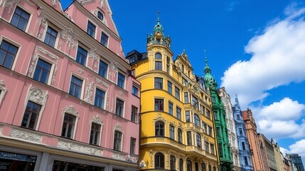 Obraz premium Colorful Historic Buildings in a European City Under a Bright Blue Sky