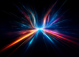 Vibrant image of colorful light streaks radiating from a central point against a dark backdrop.  The streaks are blue, orange, and red, creating a dynamic and abstract effect.