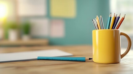 Obraz premium Colorful Pencils in Yellow Mug on Wooden Desk