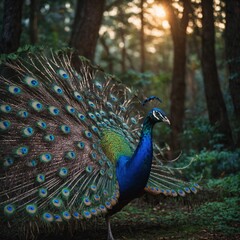Obraz premium A peacock displaying its dazzling feathers in a magical twilight forest.