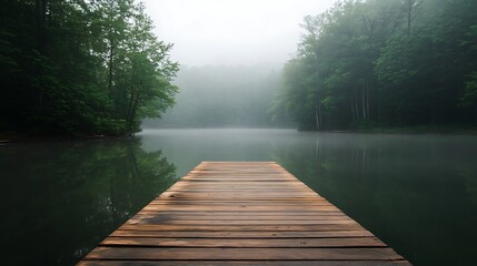 Wooden Dock Extends Into Misty Lake Forest