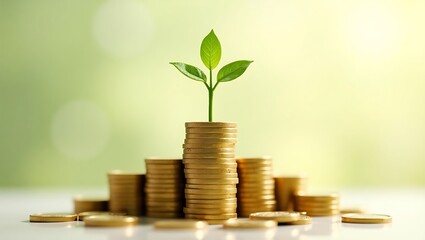 Pile of coins with a growing plant on top symbolizing financial growth isolated on transparent background