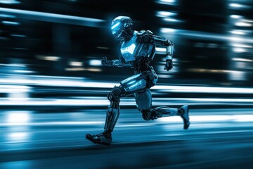 Futuristic Robot Sprinting Through Neon Cityscape