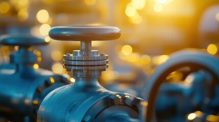 Metallic Valve with Sunset Glow in Industrial Oil and Gas Plant