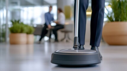 Fototapeta premium Futuristic Round Floor Cleaning Robot Operated in a Modern Office Setting