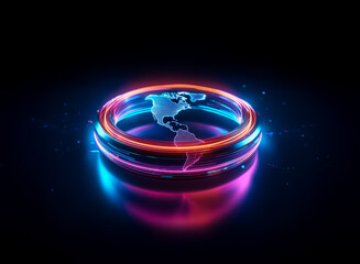 Vibrant neon rings encircle a stylized globe on a dark backdrop.  Digital and futuristic aesthetic with glowing, bright colors.