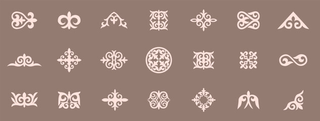 Kazakh national ornaments set. Vector modern isolated element on white background. Asian floral abstract element of the national pattern.	