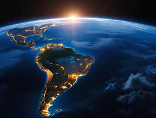 Stunning view of Central and South America at night from space, showcasing city lights.