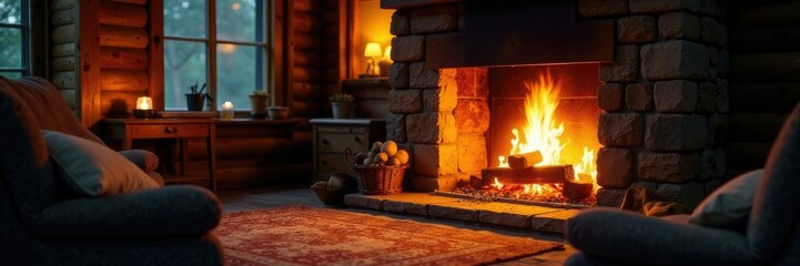 A crackling fireplace warms a cozy cabin space, flames, warmth, cabin
