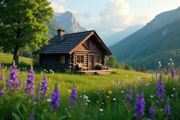 Fototapeta premium A cozy cabin nestled in the heart of a lush meadow with tall purple wildflowers, meadow, peaceful scene, earthy tones