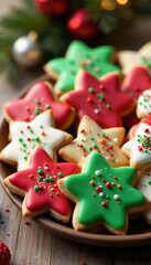 Obraz premium A delicious platter of Christmas cookies with sprinkles and icing, Sweet baked goods, Cookie assortment