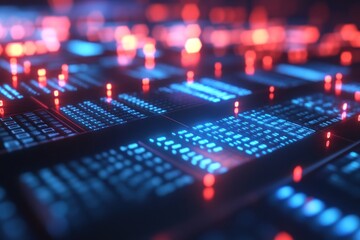 Abstract close-up of illuminated circuit boards with vibrant red and blue lights, showcasing technology in a futuristic digital environment