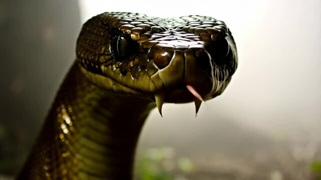 Scrub python coiled in shadowy habitat, exposing sharp fangs and darting tongue, highlighting intricate serpentine features of dangerous Australian predator