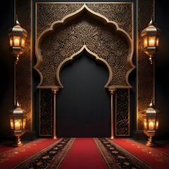 Luxurious Moroccan Archway with Lanterns and Red Carpet