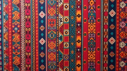 Colorful woven textile with intricate geometric and tribal patterns in vertical stripes, featuring red, orange, blue, and yellow tones