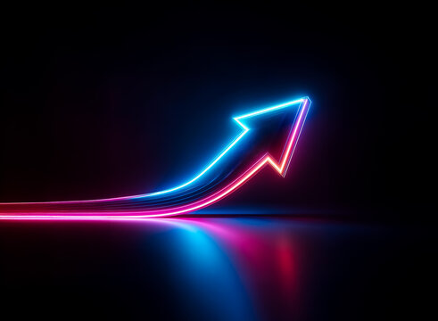 Bright neon arrow glows with blue and pink hues, pointing upwards and to the right against a dark backdrop. A sleek reflection mirrors the vibrant light on a smooth surface.