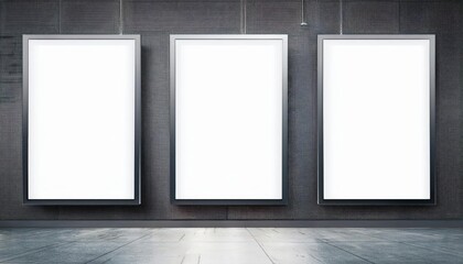 Fototapeta premium Three Vertical Artistic Frames Gracefully Hanging on a Minimalist White Wall, Adding a Touch of Elegance and Sophistication to the Space with Their Geometric Silhouettes and Muted Colors.