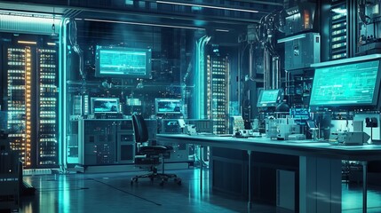 Fototapeta premium Innovative technology lab and digital data storage concept. This wide-format image is ideal for banners and advertisements. 