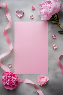 A flat lay of pink paper with peonies, ribbon, and heart-shaped crystals on a grey background