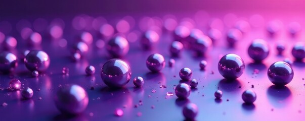 Bright purple and silver metallic spheres scattered on a surface, colorful, shiny