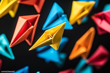 Colorful origami boats floating, dark background, concept