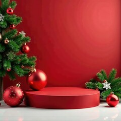Colorful red Christmas ornaments on a festive podium decorated with snowflakes and garlands, festive atmosphere, christmas decorations