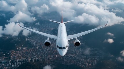 Passenger Airplane Flying Above Night Cityscape