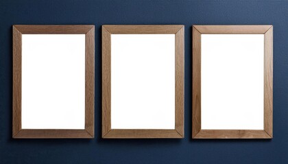 Striking Vertical Wooden Frame Mockup Against a Dark Blue Wall 3D Rendered Poster Frame Showcasing the Elegance and Texture of Artwork