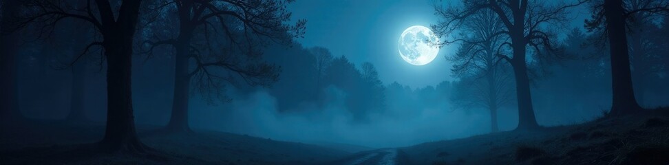 Dark forest under full moonlight with misty fog, full moon, spooky atmosphere, fog