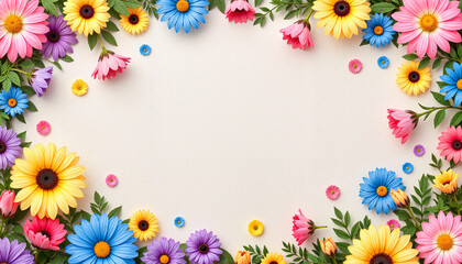 Cheerful floral frame with vibrant flowers on soft cream background, perfect for greeting cards and invitations
