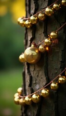 Delicate gold glass balls cascade down a garland wrapped around the tree trunk, rustic charm, playful, earthy elegance