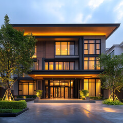 Obraz premium Modern luxury residence with sleek architecture, warm lighting glowing from large windows, landscaped gardens inviting tranquility.