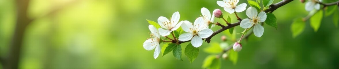 Delicate white blossoms on apricot tree branches, tree, flowers, green