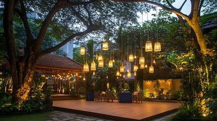Obraz premium Illuminated Outdoor Patio with Hanging Lanterns and Lush Greenery