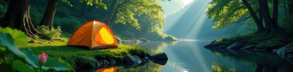 Dense foliage surrounds a tent near a tranquil river, forest, serenity, lily