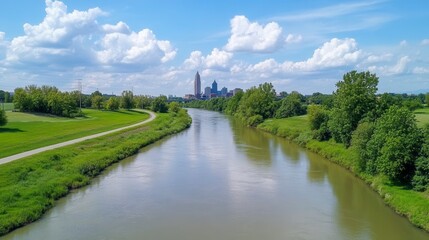 Fototapeta premium River Through Park With City Skyline