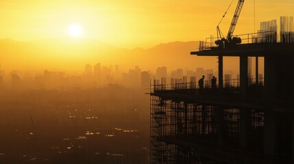Obraz premium Construction site silhouette at sunset, city skyline