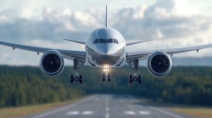 Obraz premium Silver Airplane Landing Approach Runway Green Trees Daylight