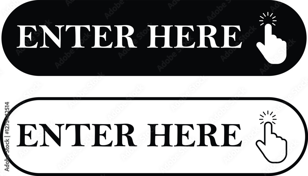 Fototapete enter here button with hand cursor flat and line icons set. web button with action vectors. ui butto
