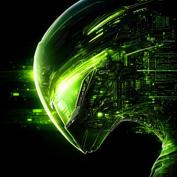 Futuristic cybernetic alien head with glowing green energy and advanced digital technology