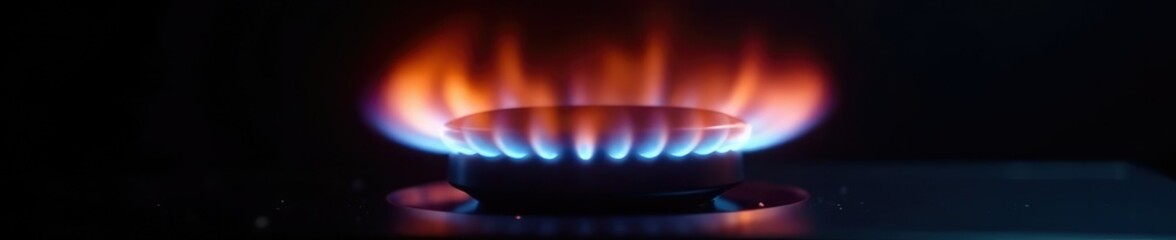 Flames from gas burner mouth isolated on black background, dark background, gas burner