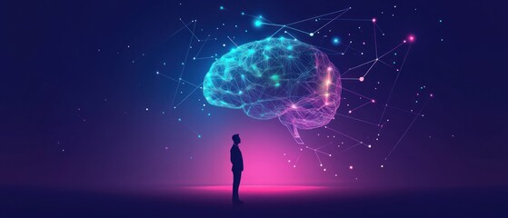 Silhouette of Person Contemplating a Digital Brain