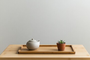 Minimalist arrangement features teapot and succulent on wooden t