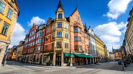 Fototapeta premium Vibrant Multicolored Buildings on Cobblestone Street in Sunny European City